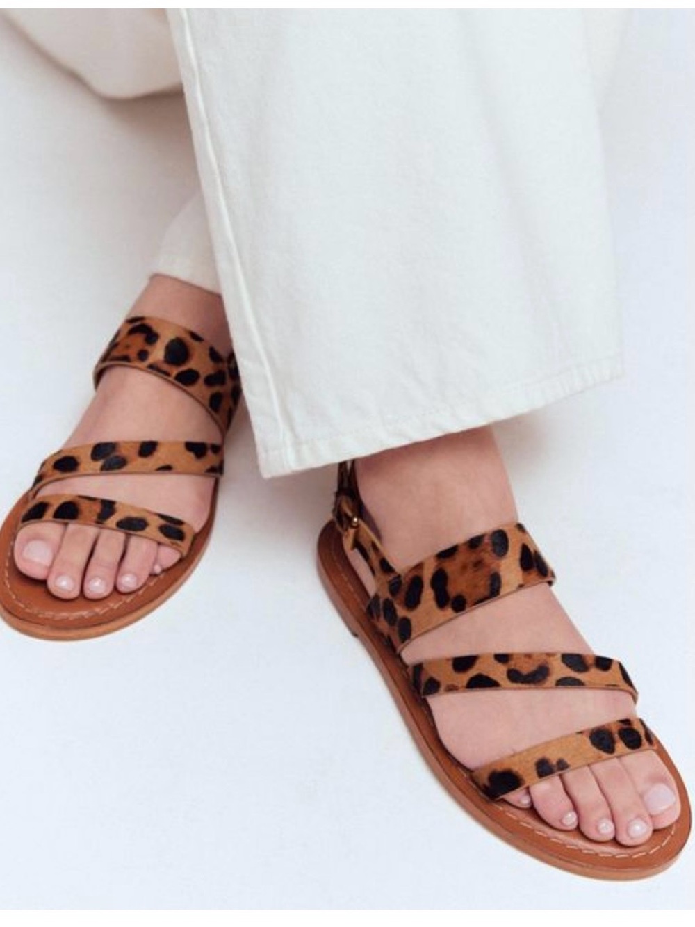 Leopard Calf Fur Leather Strappy Women’s Sandals - Brown